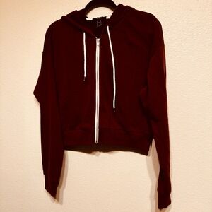 Forever 21 Cropped Zip Up Hoodie Burgundy Maroon Long Sleeve Casual Women Size L